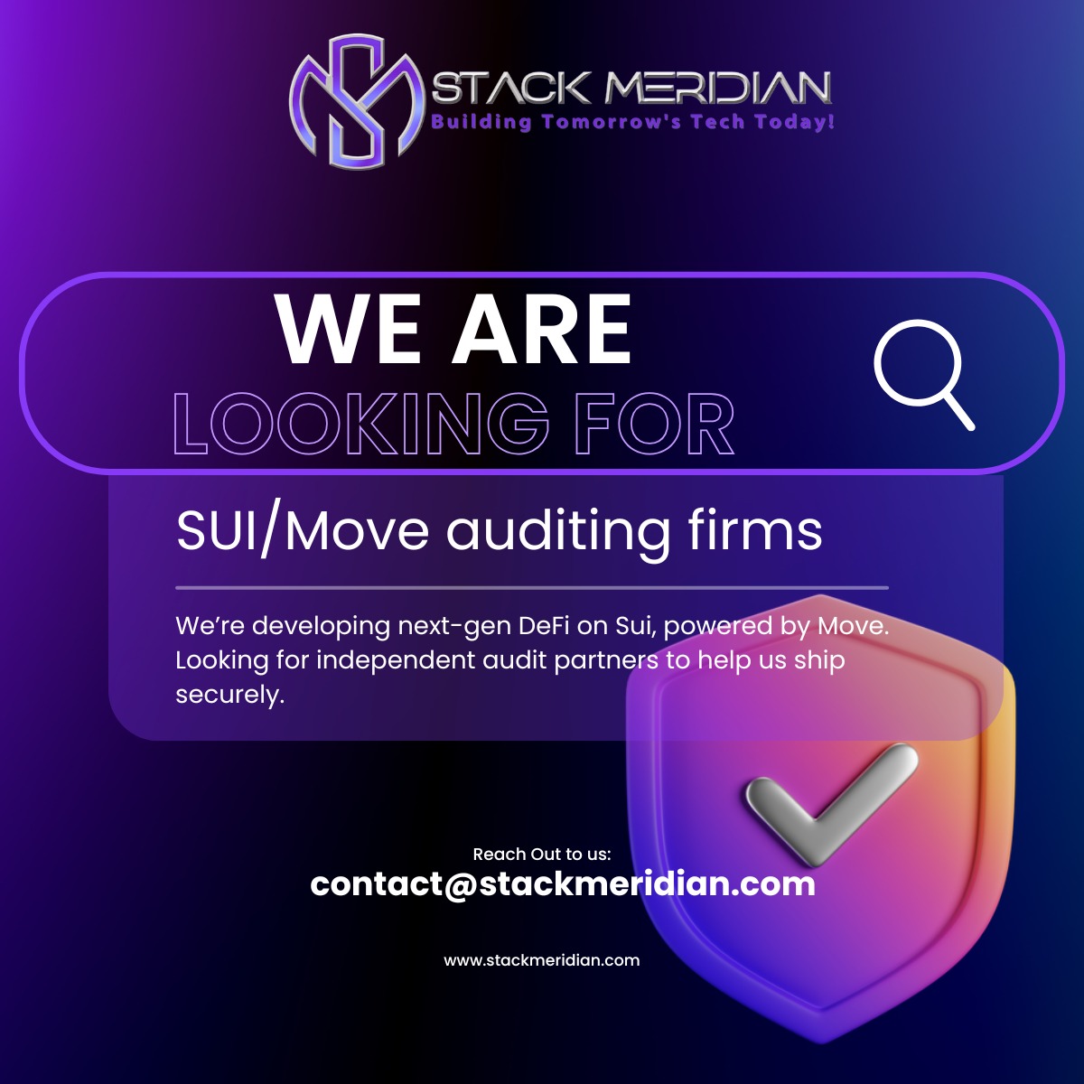 Stack_Meridian's tweet image. 🚨 Smart Contract Auditors Wanted! 🔐
We’re building a DeFi suite on Sui, including a DEX, farming, and more- all in Move.
🛡️ Security is key, and we’re onboarding third-party auditors.
#Sui #MoveLang #DeFi #SmartContractAudit #Web3Security #BlockchainBuilders #AuditOpportunity