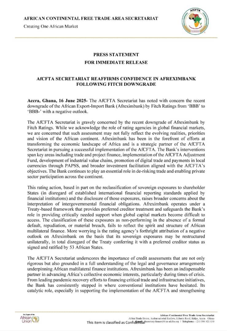 AfCFTA's tweet photo. The AfCFTA Secretariat reaffirms its full confidence in Afreximbank.
In response to the recent Fitch downgrade, the Secretariat underscores Afreximbank’s critical role in driving Africa’s economic resilience, industrialisation, and intra-African trade.

📍Read the full press statement below.
#AfCFTA #Afreximbank #AfricanFinance  #CreatingOneAfricanMarket