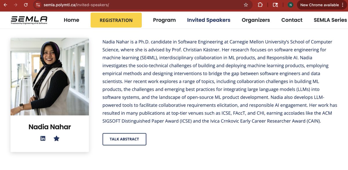 NadiaIIT's tweet image. Excited to give an invited talk at SEMLA 2025 on June 18 at Polytechnique Montréal!

I&apos;ll share how I use LLMs to design interventions that support collaboration among practitioners developing machine learning products.

More info: semla.polymtl.ca

#SEMLA2025 #LLM #SE4ML