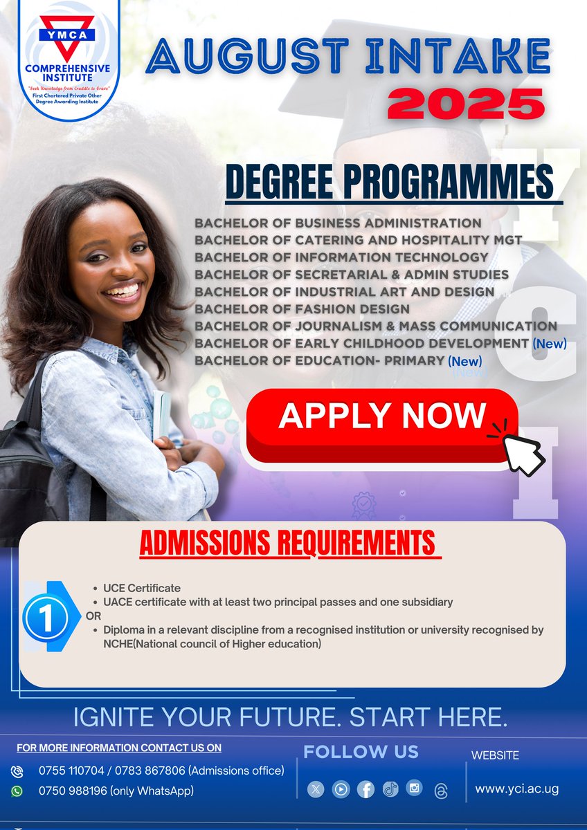 #STUDYATYCI #AUGUSTINTAKE 
Dream BIG. Start SMART. 
Join YMCA Comprehensive Institute — Uganda’s first chartered private degree-awarding institute!
🎓 Choose from exciting degree programs:
💼 Business, 🎨 Fashion, 🧑‍💻 IT, 🎙️ Journalism &amp; more 
✅ APPLY NOW &amp; ignite your future
