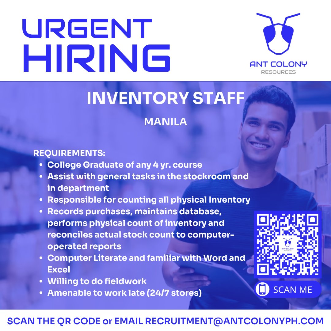 antcolonyph's tweet photo. We’re looking for INVENTORY STAFF! G ka ba magbilang, mag-record, at mag-field work?
#recruitment #hiringnow #hiring #jobs #careers #jobsearch #nowhiring #jobopening #careeropportunities #CareersPH #JobOpenings #Philippines #jobopportunity #jobopportunities #inventory https://t.co/w2Iyo2Q4Jr