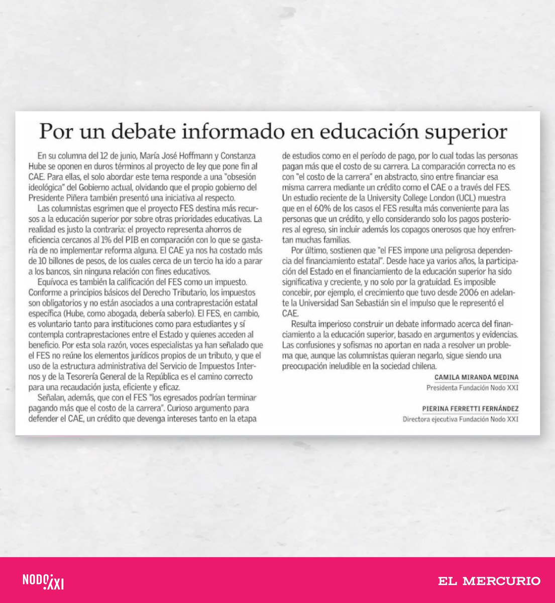 Nodo XXI (@nodoxxi) on Twitter photo 📢 Compartimos columna publicada en El Mercurio por Camila Miranda <a href="/CamilaMirandaMe/">Camila Miranda Medina</a> y Pierina Ferretti <a href="/PierinaFerrett1/">Pierina Ferretti</a> , Presidenta y Directora Ejecutiva de nuestra Fundación.
✍️ Las autoras analizan el proyecto de ley que pone fin al CAE y aportan elementos para un debate 📢 Compartimos columna publicada en El Mercurio por Camila Miranda <a href="/CamilaMirandaMe/">Camila Miranda Medina</a> y Pierina Ferretti <a href="/PierinaFerrett1/">Pierina Ferretti</a> , Presidenta y Directora Ejecutiva de nuestra Fundación.
✍️ Las autoras analizan el proyecto de ley que pone fin al CAE y aportan elementos para un debate