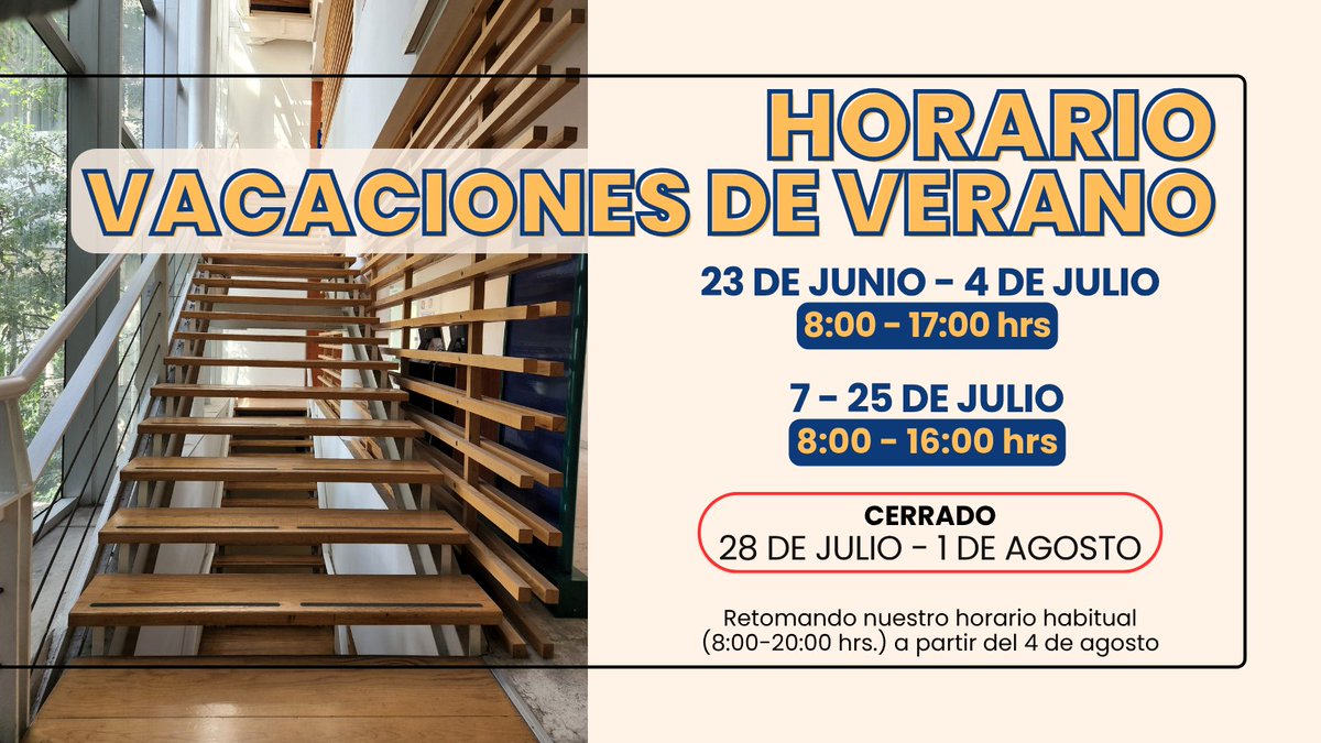 BibliotecaCIDE's tweet image. 📚 Vacaciones sí… ¡pero con libros!
Aquí te compartimos los horarios de la biblioteca durante el periodo vacacional.
Aprovecha para pasar, consultar o llevarte algo que leer. ¡Te esperamos!