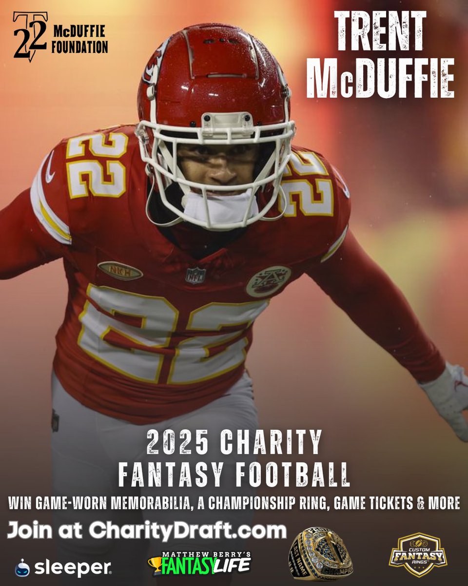 ‼️Announcing the 1st annual Trent McDuffie Charity Fantasy Football League! Profits support T22 McDuffie Foundation! 

Prizes include game worn gear, signed memorabilia, event tickets, a championship ring, a 1-on-1 call with Trent, &amp; more.

REGISTER at CharityDraft.com 🏈