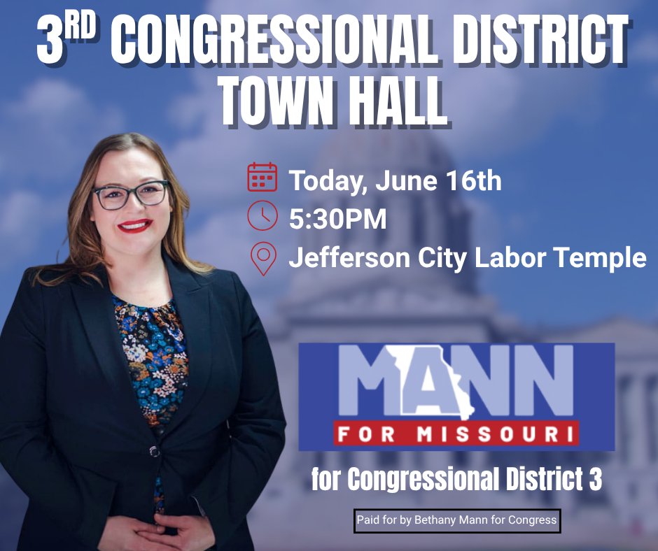 Mann4Congress's tweet image. Tonight, I’m joining State Reps Kathy Steinhoff and Greg Bush for a Town Hall right here in Missouri’s 3rd District. Our communities deserve leaders who listen, and I won’t stop showing up. Join us and make your voice heard. RSVP here: secure.ngpvan.com/KYtfKed1X0O5ql…