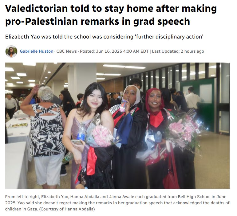 This is what anti-Palestinian racism looks like. ⤵️

This young woman simply empathized with students in Gaza who won't get to graduate like her. For this, she was reportedly sanctioned, simply for showing empathy and honouring the lives of Palestinians. This is an issue that