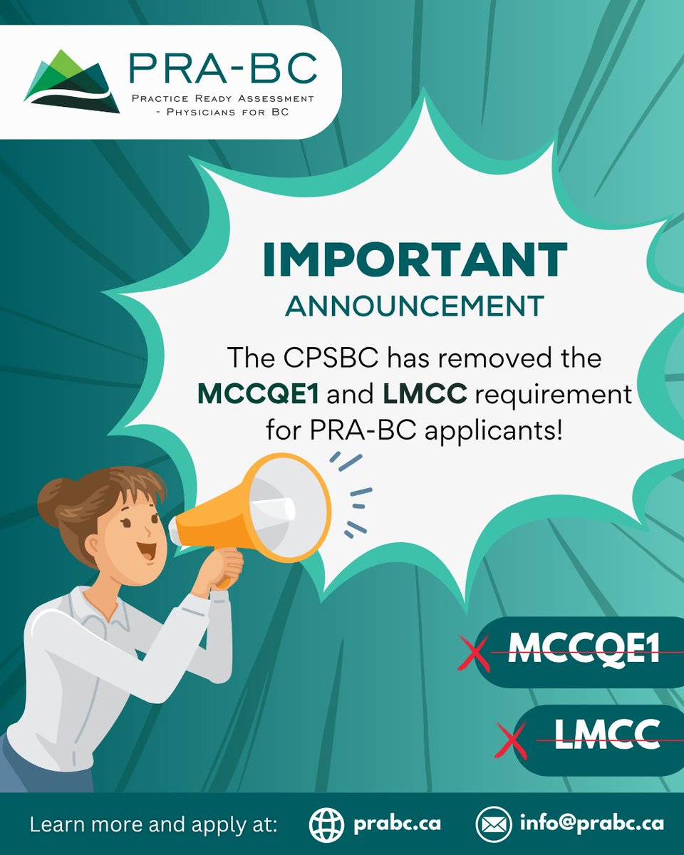 BIG NEWS for International Medical Graduates!

Starting July 7, 2025, CPSBC no longer requires MCCQE1/LMCC for assessment class of licensure.

Do you meet PRA-BC's eligibility requirements but are missing the MCCQE1?

Apply now and help shape BC healthcare prabc.ca