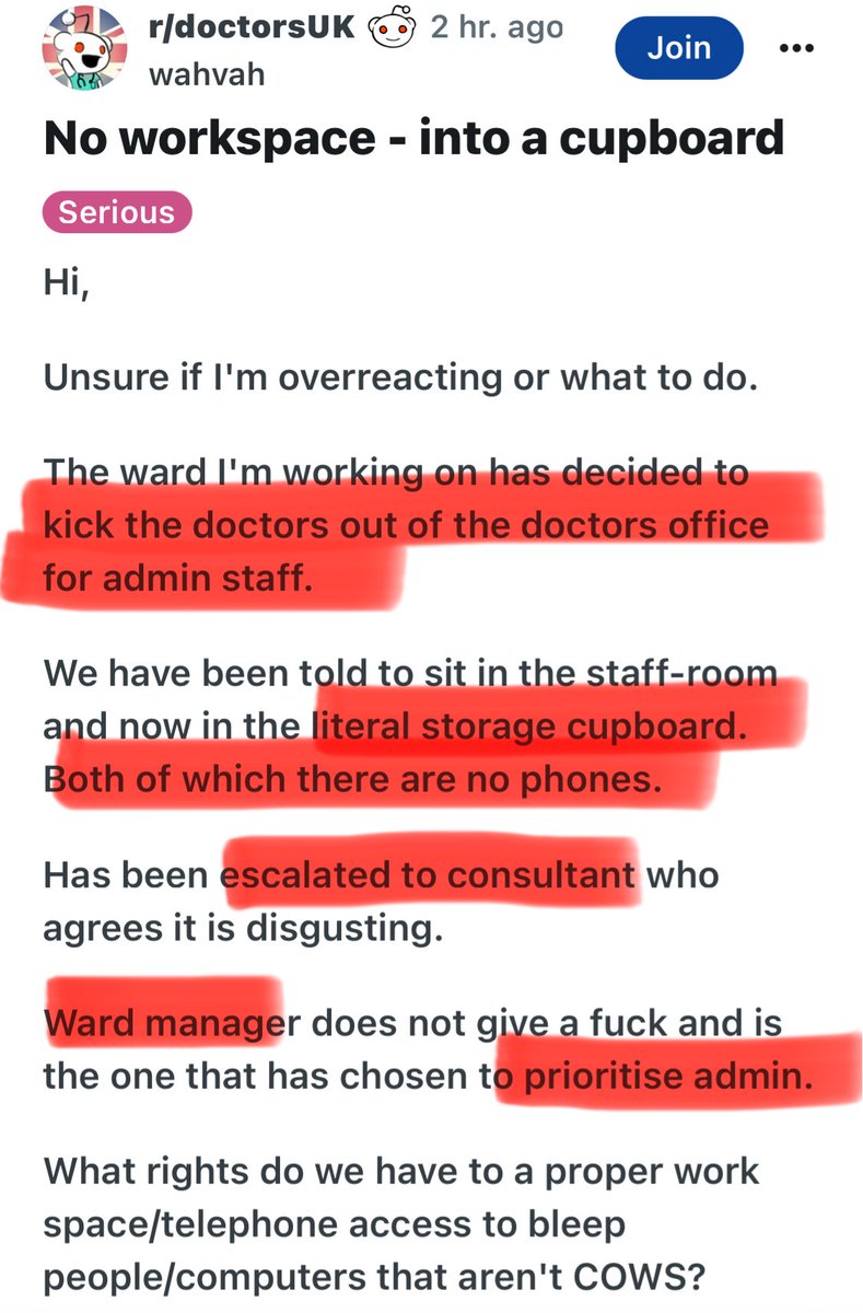 MedRegoncall1's tweet photo. 🆘 Hello University Hospitals Birmingham @uhbtrust,

The audacity of one of your ward managers — kicking the doctors out of the doctors' office for admin staff, telling them to sit in the staff room, and now putting them in a literal storage cupboard ☠️☠️

⭕️ How do you expect your doctors to do their job with no phones, proper computers, or desks?

⭕️ This is not just a sporadic case; it is systematic bullying and humbling of doctors.

I hope doctors in the USA can’t see this omnishambles.