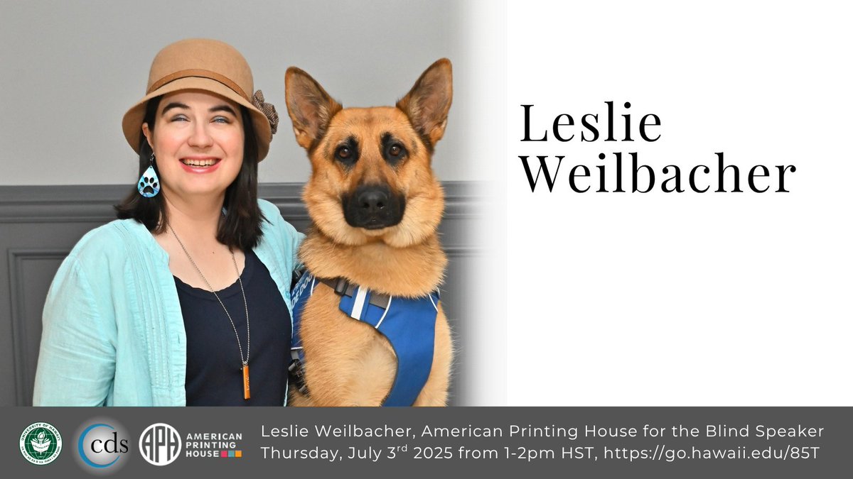 CDS PARTNER SEMINAR: Leslie Weilbacher @aphfortheblind Speaker on 7/3 at 1-2pm HST go.hawaii.edu/85T

Learn about:
✔️identify services
✔️how Outreach services can assist individuals, professionals, and organizations
✔️assist with creative &amp; customized learning and solutions