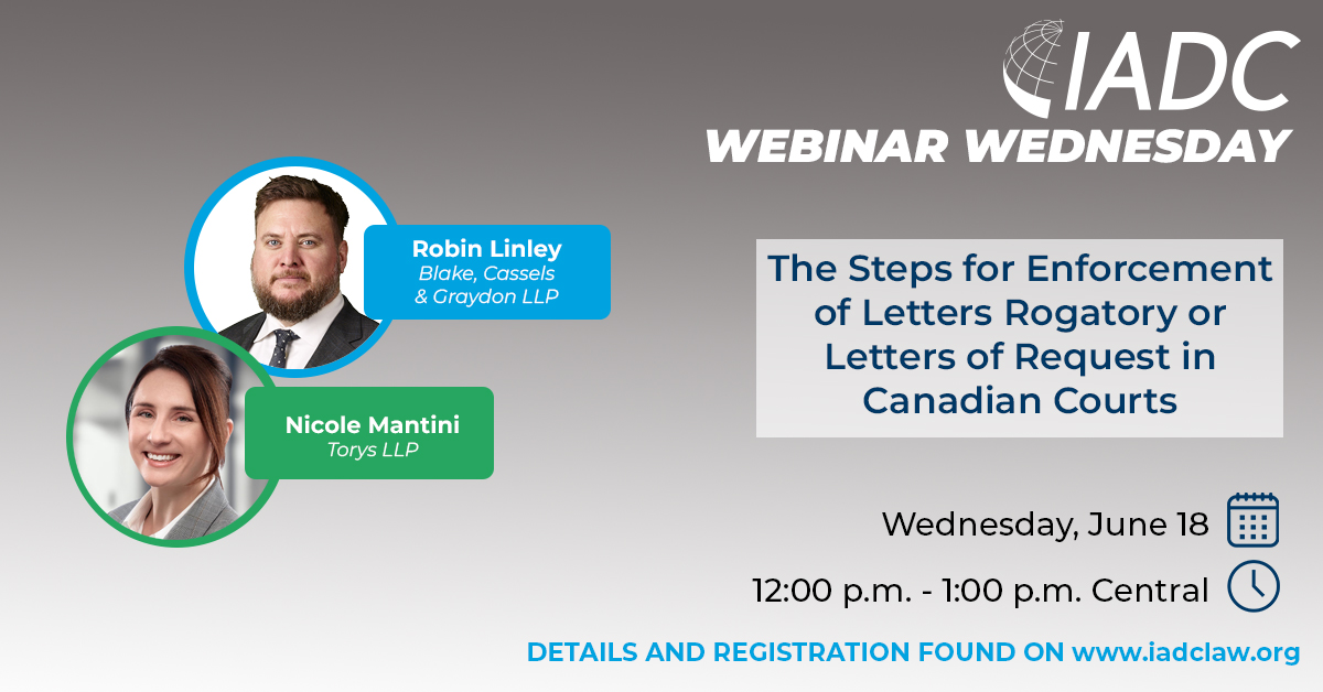 IADC WEBINAR WEDNESDAY ALERT!

Join Robin Linley (<a href="/BlakesLaw/">Blakes</a> ) and Nicole Mantini (Torys LLP) tomorrow for an IADC #Webinar Wednesday presentation which will address letters of request in Canadian courts. 

iadclaw.org/events/the-ste…