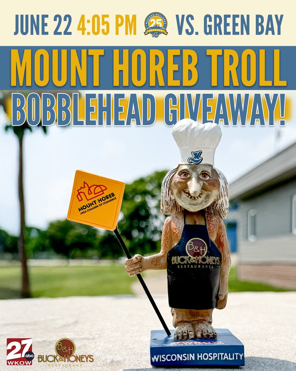 Madison Mallards (@madisonmallards) on Twitter photo legend has it...
a grumpy troll left his Mt. Horeb bridge for a new home... the Duck Pond
once a year, he returns to celebrate beer, brats and Mt. Horeb Night!
๐ Mt. Horeb Night โ June 22
๐ง First 1000 fans get a Troll Bobblehead
๐๏ธ tinyurl.com/3t6tbz78 legend has it...
a grumpy troll left his Mt. Horeb bridge for a new home... the Duck Pond
once a year, he returns to celebrate beer, brats and Mt. Horeb Night!
๐ Mt. Horeb Night โ June 22
๐ง First 1000 fans get a Troll Bobblehead
๐๏ธ tinyurl.com/3t6tbz78