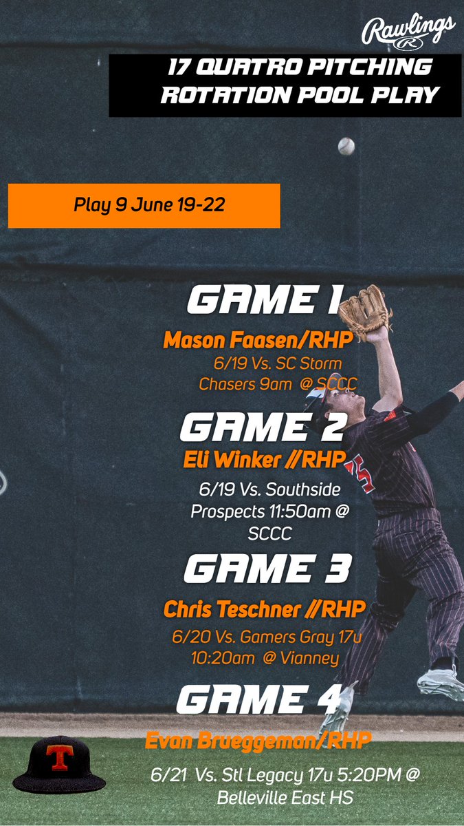 Josh Herrick (@coachherrick1) on Twitter photo 17 Quatro Schedule and Rotation
Pool Play
June 19-22 Play 9
<a href="/Play9Sports/">Play9Sports</a>
<a href="/Play9Scouting/">Play9 Scouting</a>
<a href="/stltigers/">St. Louis Rawlings Tigers</a>
<a href="/RecruitTigers/">Rawlings Tigers National Recruiting</a> 17 Quatro Schedule and Rotation
Pool Play
June 19-22 Play 9
<a href="/Play9Sports/">Play9Sports</a>
<a href="/Play9Scouting/">Play9 Scouting</a>
<a href="/stltigers/">St. Louis Rawlings Tigers</a>
<a href="/RecruitTigers/">Rawlings Tigers National Recruiting</a>