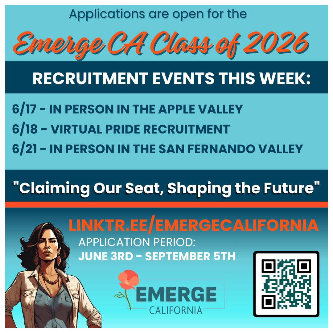 We need elected officials who represent our values. Ready to run? 💪🏽 📍 Apple Valley: Tuesday, June 17  🏳️‍🌈 Virtual Statewide Pride Recruitment: Wednesday, June 18  🤝 San Fernando Valley — In-person with Asm. Pilar Schiavo: Saturday, June 21   🔗 linktr.ee/EmergeCaliforn…