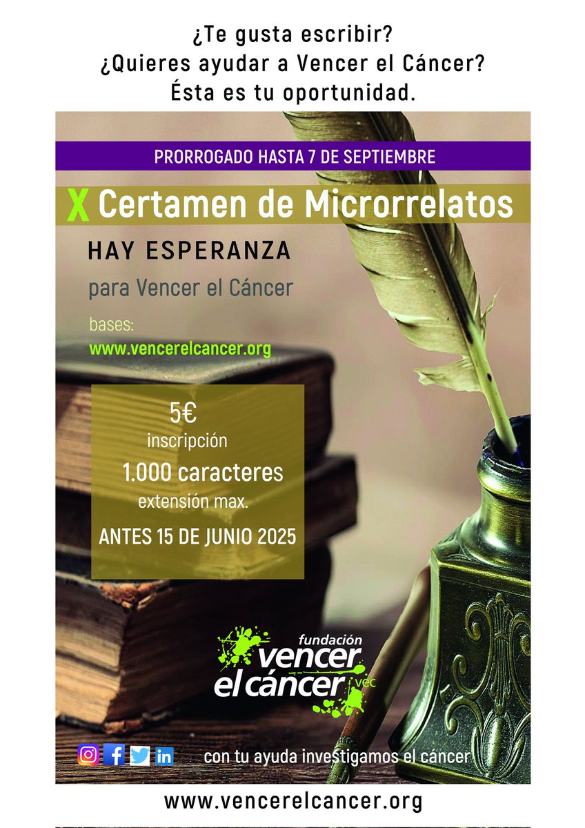 Debido a las muchas peticiones de esta semana, unido a la imposibilidad de realizar el acto del certamen durante la celebración de la #FeriadelLibrodeMadrid2025 (por causas ajenas a la fundación) ampliamos fecha para participar en el X #MicrorrelatosVEC vencerelcancer.org