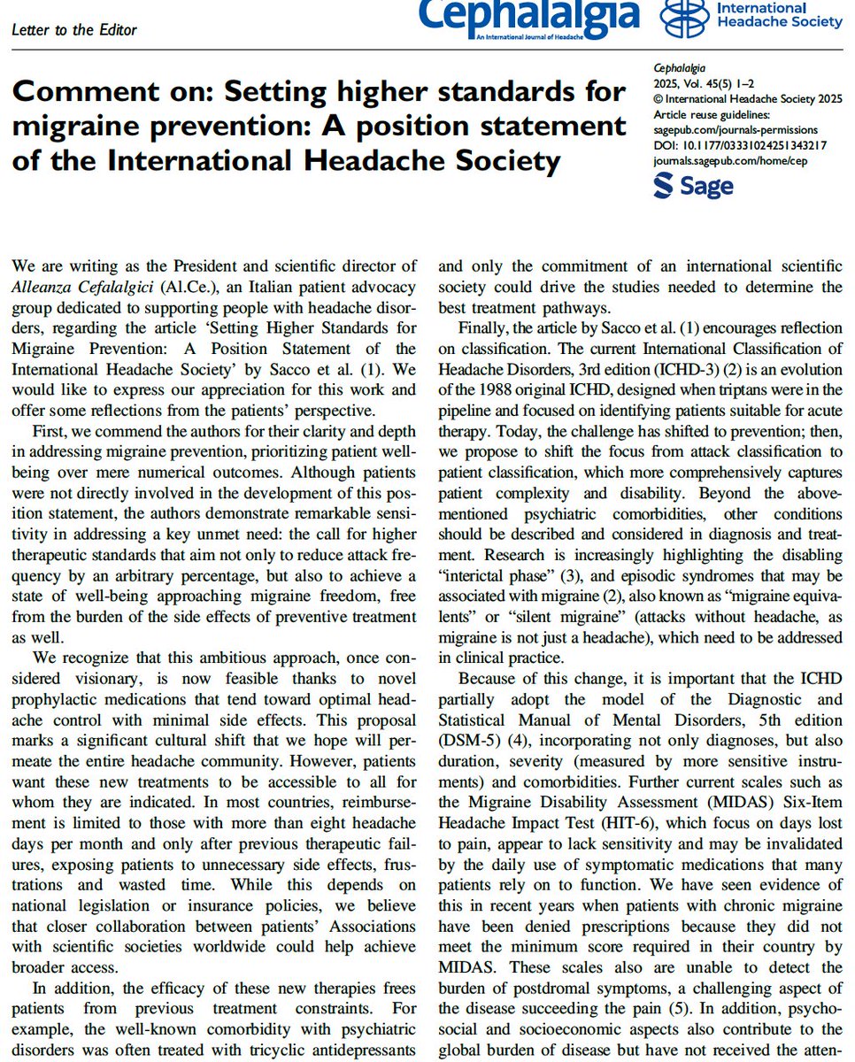 🗣️ A powerful patient voice in the migraine conversation

In response to "Setting Higher Standards for Migraine Prevention" by Sacco et al., Alleanza Cefalalgici (Al.Ce.), Italy’s national headache patient advocacy group, express strong support for this cultural shift in migraine