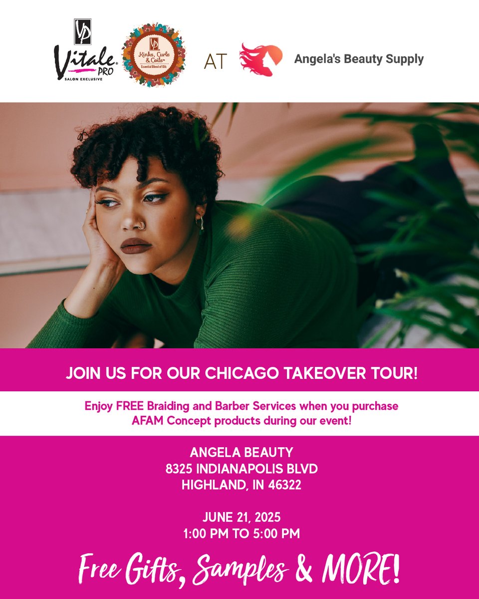 vitale_pro's tweet image. Join us at Angela&apos;s Beauty Supply. We have giveaways, free samples, free braiders, and barbers to get your hair done!
Please come with clean hair for FREE braid styling or
haircut
#AFAMConcept #SummerTimeChi #ChicagoEvents #BeautyEvents #PhenomenalEventsLLC #AFAMChicagoTakeover