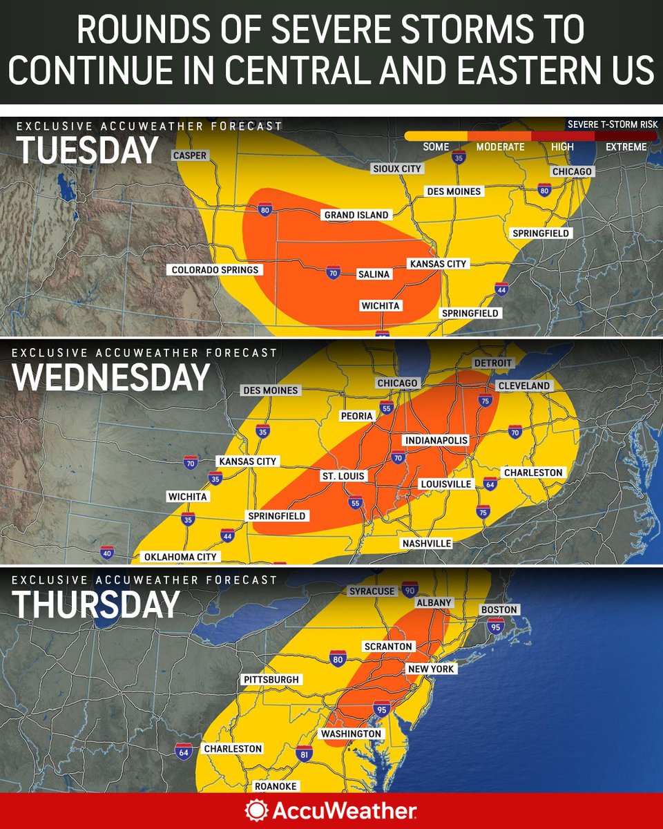 Severe thunderstorms and torrential downpours will be a common sight across the north-central United States to the East Coast this week. bit.ly/4kRznL6