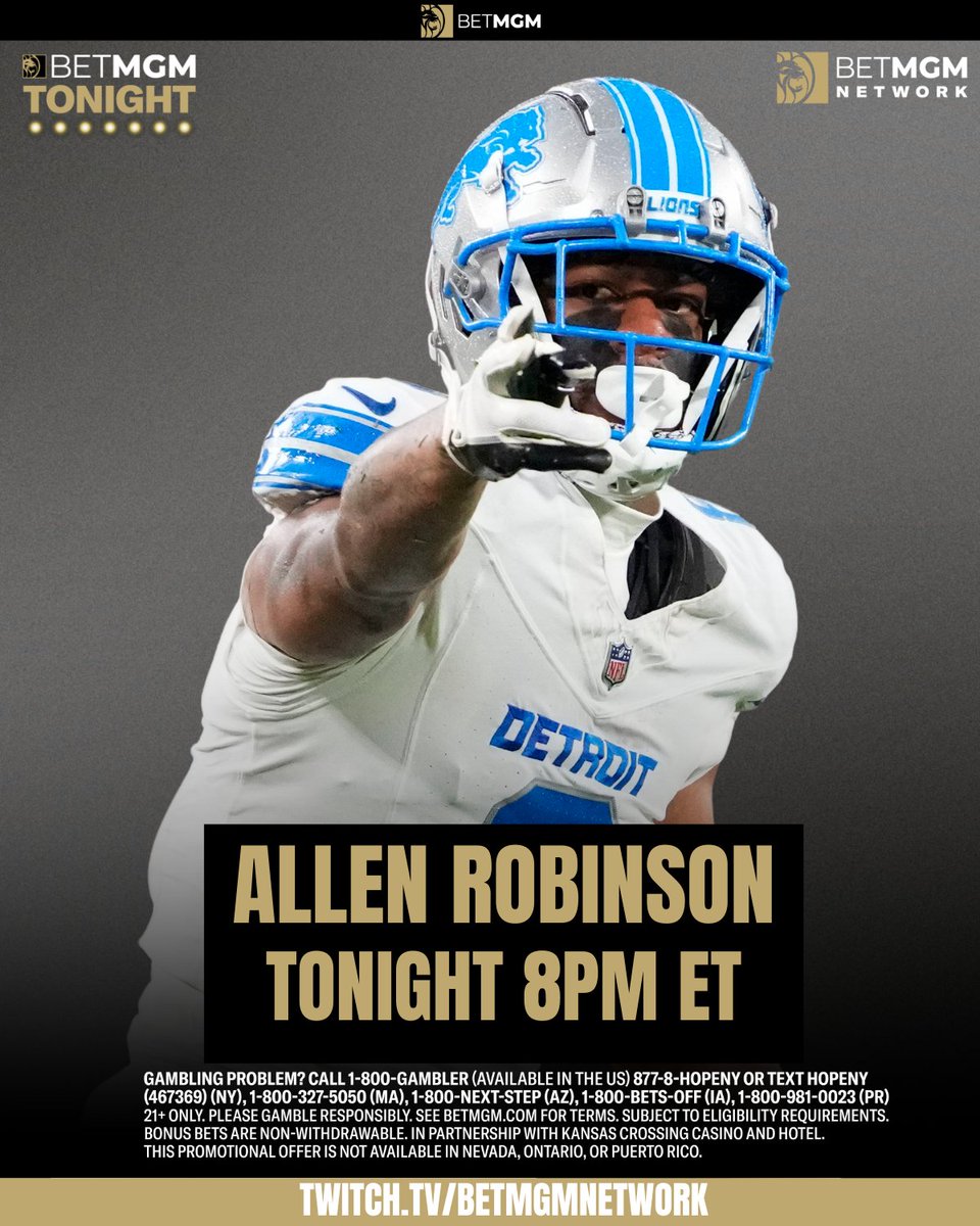 BetMGM Tonight (@betmgmtonight) on Twitter photo 🚨 Robinson x MGM Tonight 🚨
All Pro WR <a href="/AllenRobinson/">Allen Robinson II</a> joins @ryanhorvat & <a href="/PJGlasser9/">PJ Glasser</a> at 8pm to break down the NBA Finals & the upcoming NFL Season the @BetMGMNetwork!
📺 bit.ly/42Bhv0F
📻 bit.ly/40YjryP 🚨 Robinson x MGM Tonight 🚨
All Pro WR <a href="/AllenRobinson/">Allen Robinson II</a> joins @ryanhorvat & <a href="/PJGlasser9/">PJ Glasser</a> at 8pm to break down the NBA Finals & the upcoming NFL Season the @BetMGMNetwork!
📺 bit.ly/42Bhv0F
📻 bit.ly/40YjryP