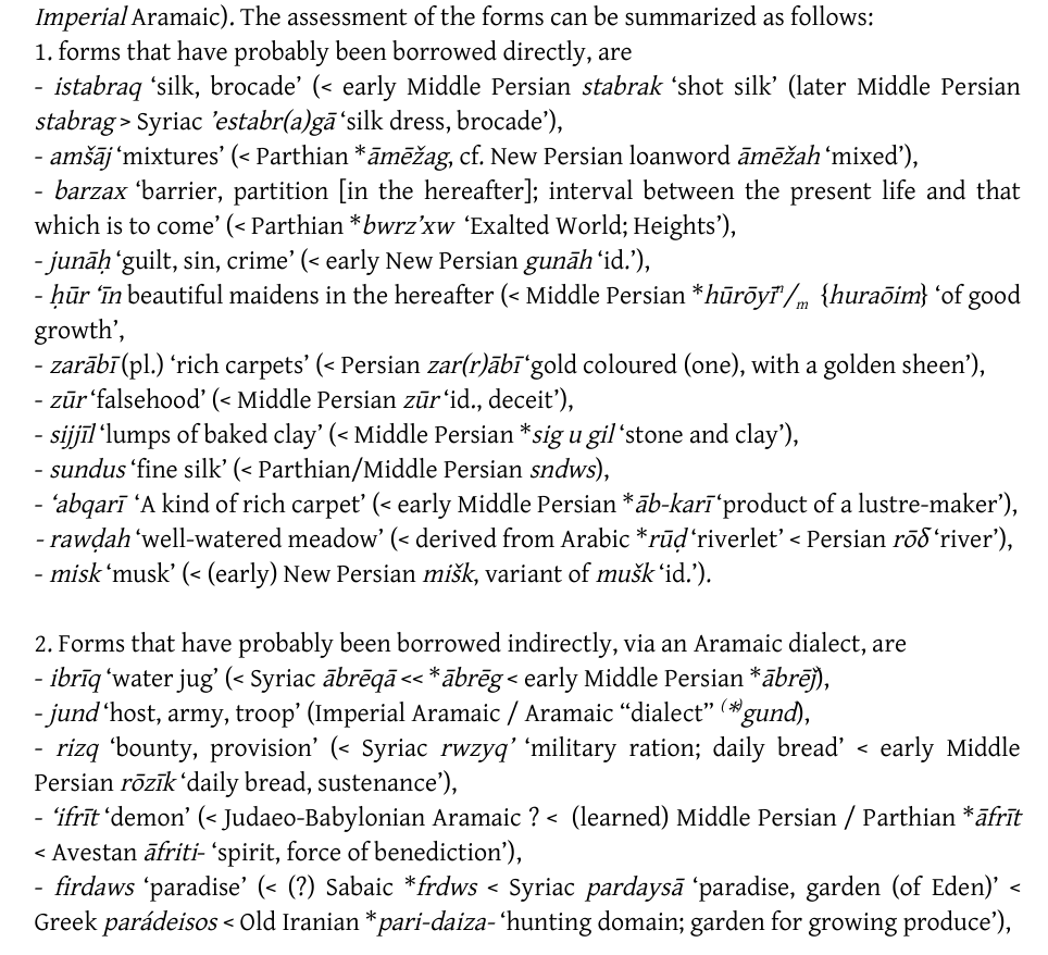 milan_zilan's tweet image. Fascinating article: On the (Middle) Iranian borrowings in Qur’ānic (and pre-Islamic) Arabic (J. Cheung, 2016). See words like Gunah, Zûr, Rozik, Gund/Jund, Ifrît, Paridaiza & Firdaws, Genc/Kanz and, of course, Dîn! shs.hal.science/halshs-0144586…