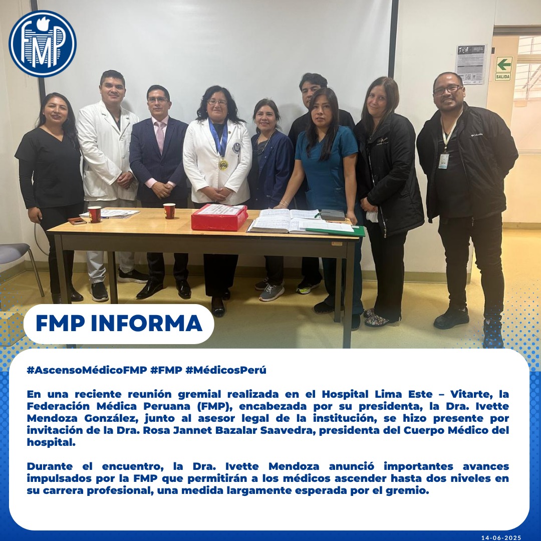 #AscensoMédicoFMP #FMP #MédicosPerú
🔵En una reciente asamblea extraordinaria del Cuerpo Médico del H. de Emergencia Ate Vitarte, la Federación Médica Peruana (FMP), encabezada por su presidenta, la Dra. Ivette Mendoza González, junto al asesor legal de la institución.