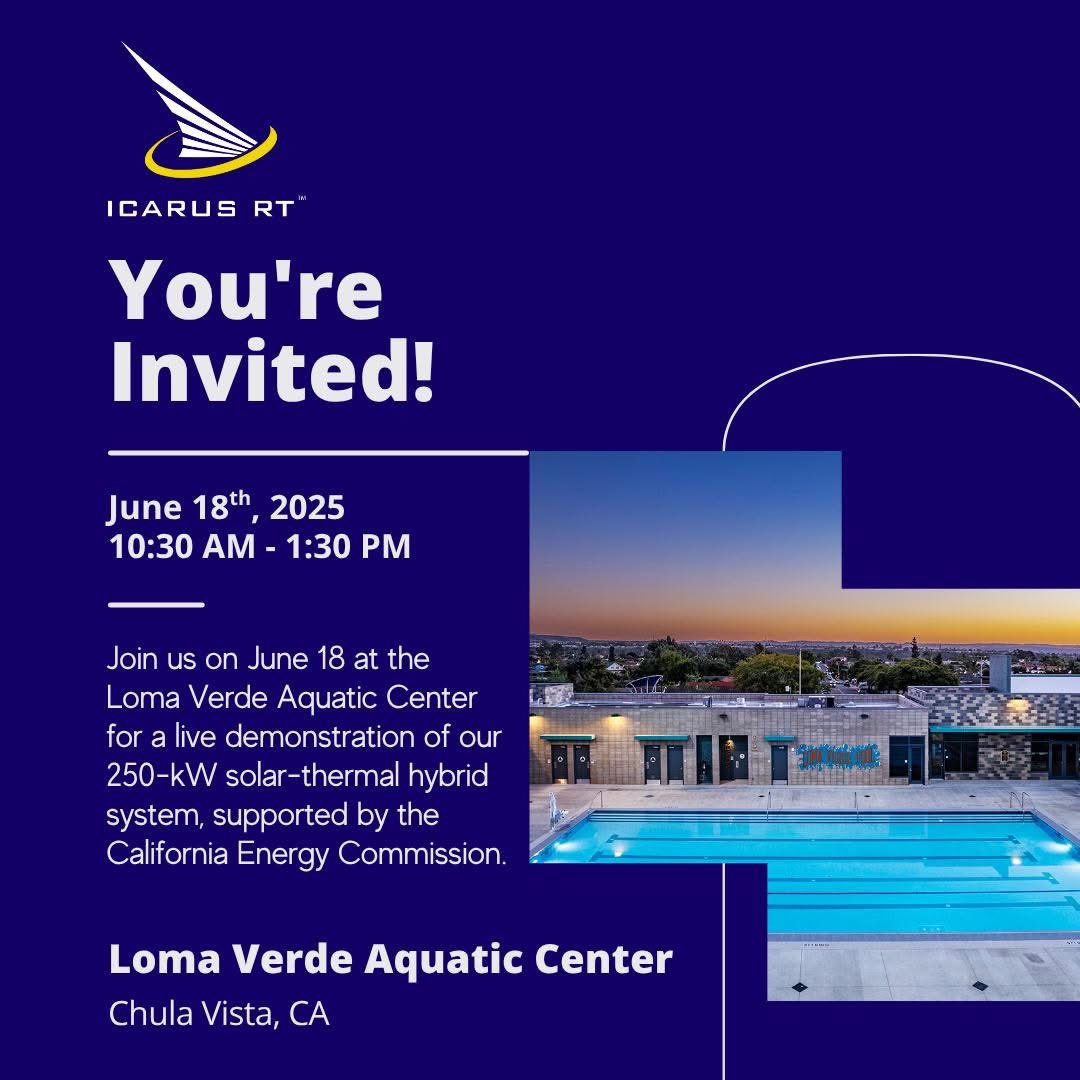 🚀 Join us on June 18 at the Loma Verde Aquatic Center for a live demonstration of our 250-kW solar-thermal hybrid system, supported by the California Energy Commission.
We’re showcasing innovation, sustainability, and the future of clean energy. 🌞⚡
#CleanEnergy#ChulaVista