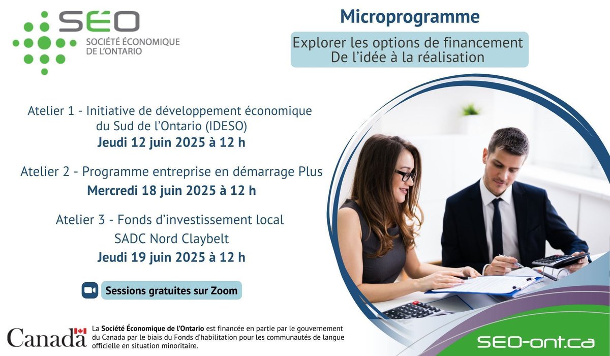 📢 Entrepreneurs francophones : explorez le financement en Ontario avec notre microprogramme gratuit

Ateliers virtuels à 12h :
🔹 18 juin – Démarrage Plus
🔹 19 juin – Fonds SADC

Infos &amp; inscription 👉 SÉO buff.ly/BhqAXLW