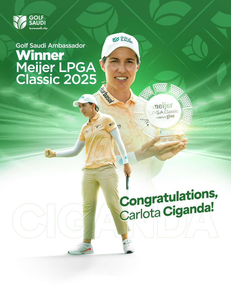 #GolfAmbassadors | Congratulations to Carlota Ciganda #GolfSaudi Ambassador, on her incredible win at the Meijer LPGA Classic! 🏆
After nearly nine years without a title, she returns to the winner’s circle in style. ⛳
Here’s to more success ahead! 

#جولف_السعودية #سفراء_الجولف