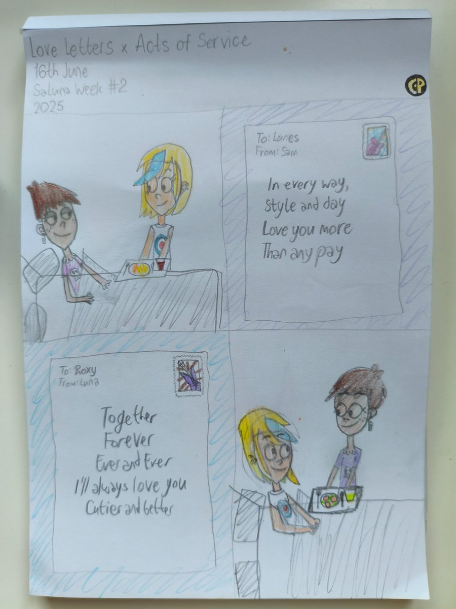 Hey, everyone!

Happy 2nd day of #SaLunaWeek2025!

Today I chose two themes and combined them: Love Letters and Acts of Service. As you can see on today's art.

🥞💌
💌🥞

#LunaLoud #SamSharp #SaLuna #TheLoudHouse #theloudhousefanart #PrideMonth 

<a href="/SalunaWeek/">SaLuna Week</a> 💙💜