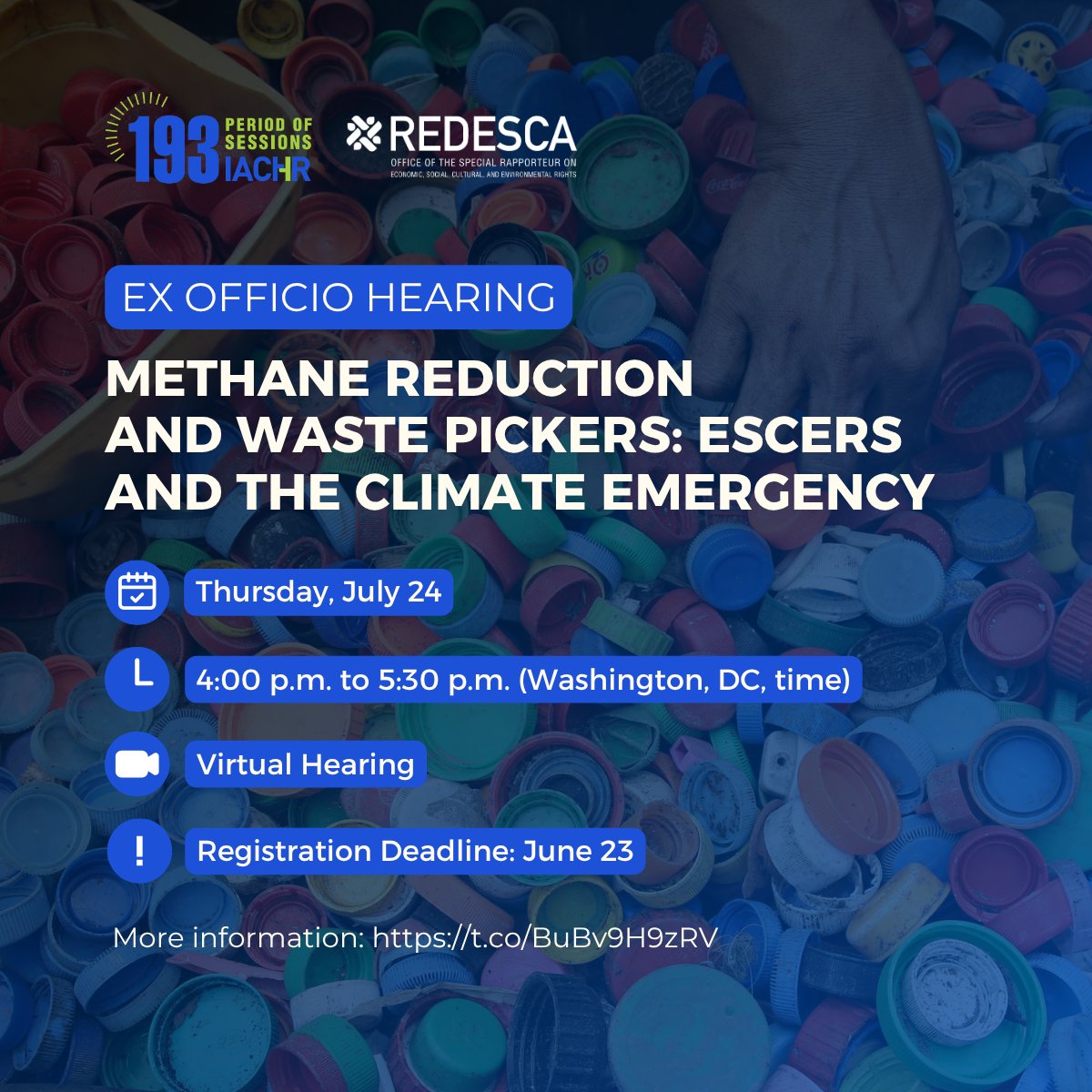 ♻️🌎 EX OFFICIO HEARING: #Methane reduction and #wastepickers: #ESCERs and the climate emergency
The <a href="/CIDH/">CIDH - IACHR</a> and <a href="/DESCA_CIDH/">#REDESCA</a> will address the situation of waste pickers and efforts to reduce methane emissions in Latin America and the Caribbean, within the broader context of the