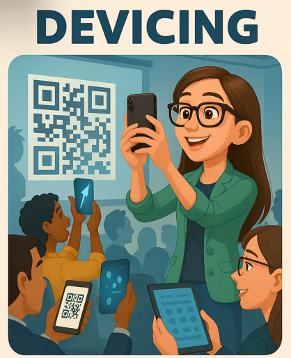 My new made up word for the day... "Devicing" - verb - When people are in a conference session and they are holding up their devices to scan a QR code or are using their devices to interact with a digital activity. #DigitalLearning #Learning #NewWords #Technology