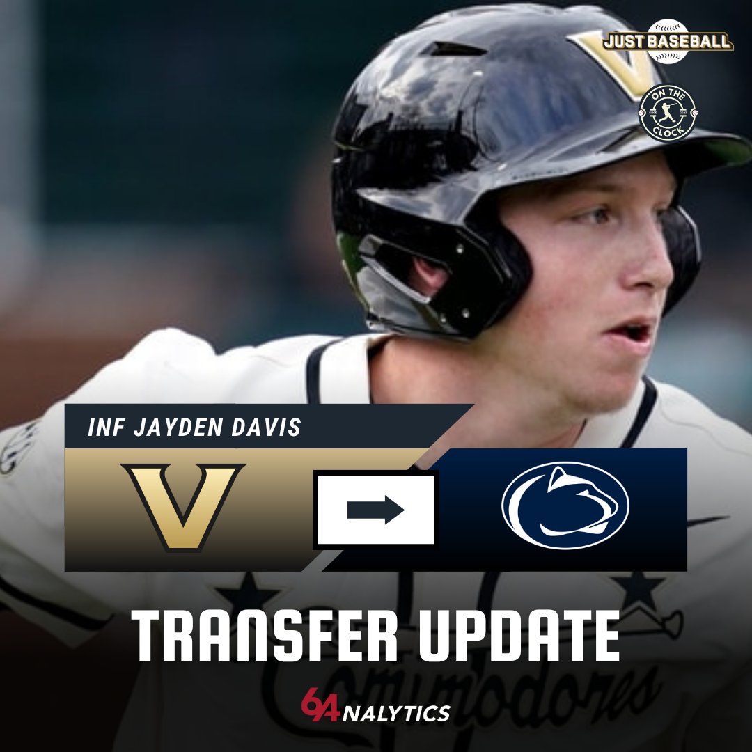 On The Clock | College Baseball and MLB Draft (@ontheclock_1) on Twitter photo TRANSFER NEWS: Per <a href="/aria_gerson/">Aria Gerson</a> & <a href="/64Analytics/">64Analytics</a>, Vanderbilt INF Jayden Davis has committed to Penn State. Davis has slashed .321/.410/.469 with 28 2B, 12 HR, and 80 RBI in his collegiate career to date. Interesting pick up for Coach Mike Gambino and the Nittany Lions. TRANSFER NEWS: Per <a href="/aria_gerson/">Aria Gerson</a> & <a href="/64Analytics/">64Analytics</a>, Vanderbilt INF Jayden Davis has committed to Penn State. Davis has slashed .321/.410/.469 with 28 2B, 12 HR, and 80 RBI in his collegiate career to date. Interesting pick up for Coach Mike Gambino and the Nittany Lions.