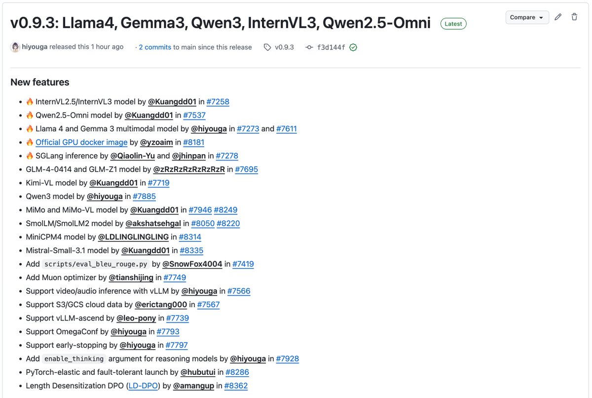 llamafactory_ai's tweet image. LLaMA-Factory v0.9.3 released! Thank you for 50k GitHub stars 🌟
Fully open-source, no-code fine-tuning on Gradio UI for nearly 300+ models -- including Qwen3, Llama 4, Gemma 3, InternVL3, Qwen2.5-Omni, etc.
• Install locally via our Docker image: hub.docker.com/r/hiyouga/llam…
•…