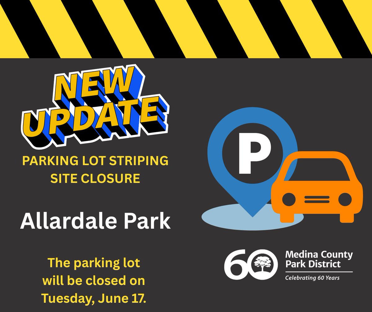 Please be aware that the parking lot at Allardale Park will be closed on Tuesday, June 17 for striping following recent resurfacing. We appreciate your patience and cooperation as we complete this project. #medinacountyparks