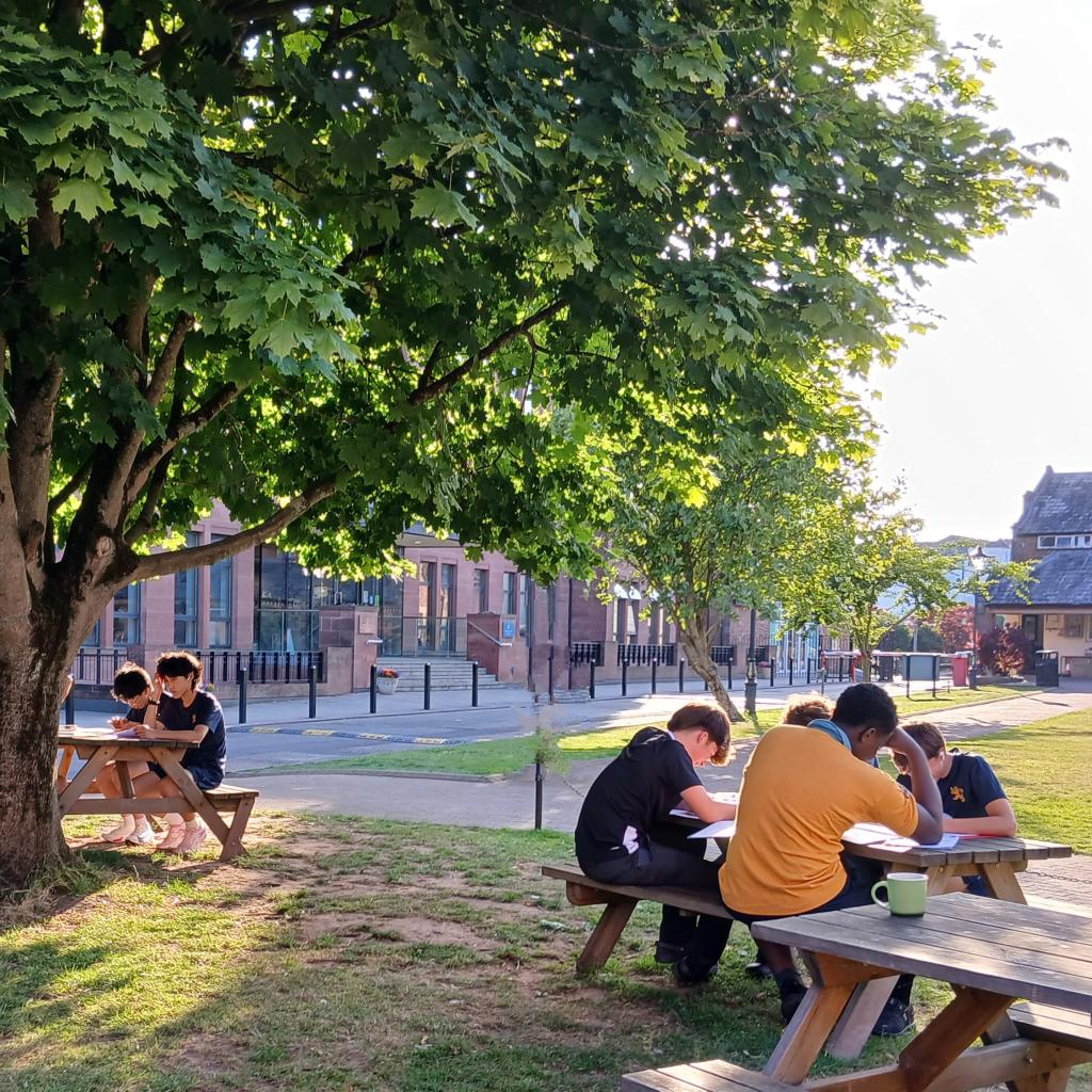 First day of school exams under their belt, Year 9 and 10 boys revise on the School Lawn. #goodluck #workhard <a href="/Habsmonmouth/">Haberdashers' Monmouth School</a>