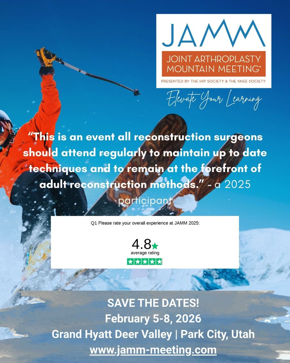 #JAMM isn’t just a meeting — it’s a mindset.  Now in Deer Valley!
Join the leaders in joint arthroplasty for an immersive educational experience like no other.  jamm-meeting.com
✔️ Expert-led sessions
✔️ Case-based discussions
✔️ World-class skiing &amp; networking