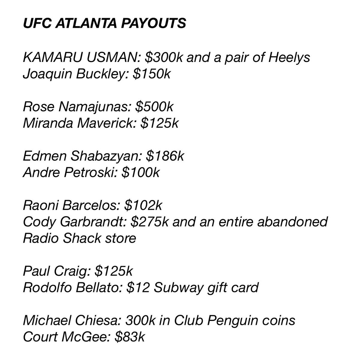 ConOfCombat's tweet image. I love when we get to see the payouts #UFCAtlanta