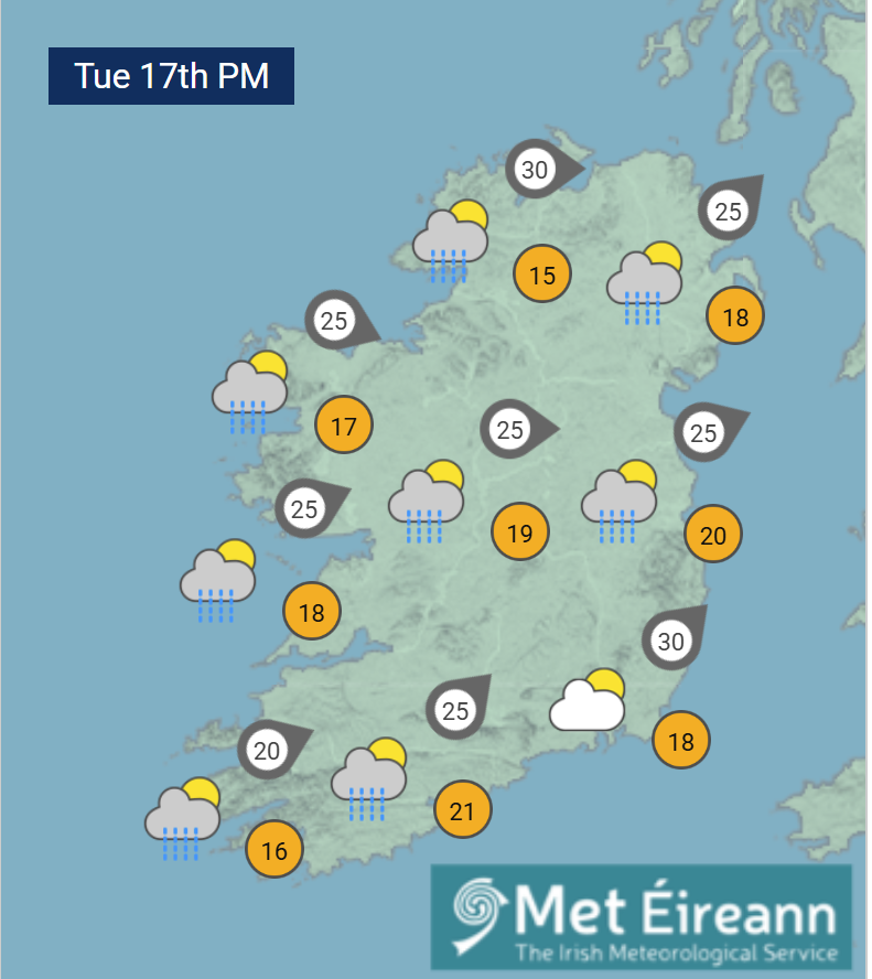 Tomorrow, patchy rain &amp; drizzle will clear southeastwards from most areas through the morning as it turns drier &amp; brighter from the northwest with just a few showers. 

It will be largely dry, fine &amp; sunny across the country by evening time.☀️

Highs of 16 to 21 or 22 C🌡️