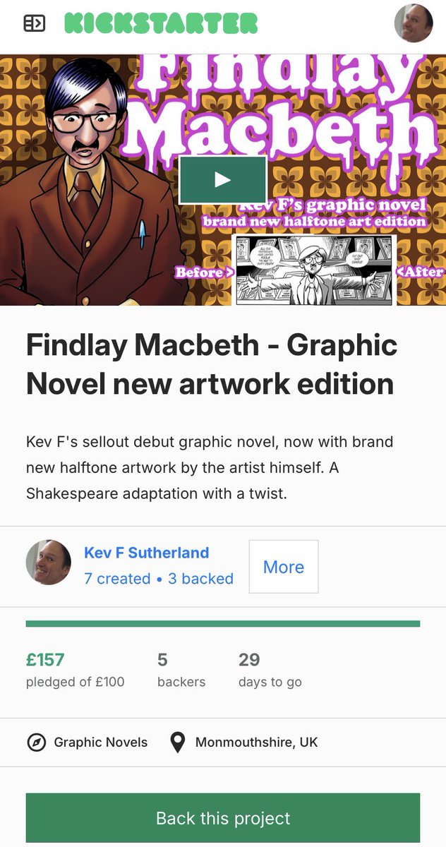 The good news: Kickstarter for the new edition of Findlay Macbeth just launched

The even better news: before I had time to tweet, it had reached its target!

Bag pages of original artwork or just nab a signed first edition. 29 days (&amp; 23.5) left to go. 

kickstarter.com/projects/kevfc…