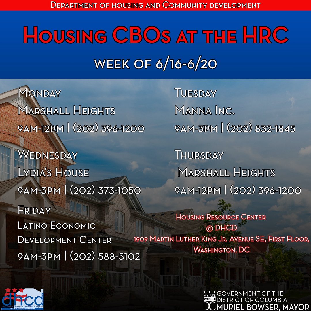 Housing Services Community Based Orgs are now Co-located at the HRC in DHCD! We will be posting our CBO schedules weekly so make sure to check back weekly to see when you can catch our CBOs! #DHCDAtWork 🏡