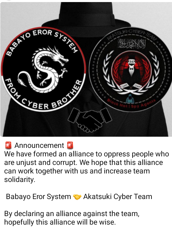 SkBoss484479's tweet photo. Babayo Eror System 🤝 Akatsuki Cyber Team

🔓Akatsuki Cyber Team 
https://t.co/eBJWQCjJDh
🔓 Babayo Eror System
https://t.co/DIJSA1Kn14 https://t.co/M3X1PZI7uk