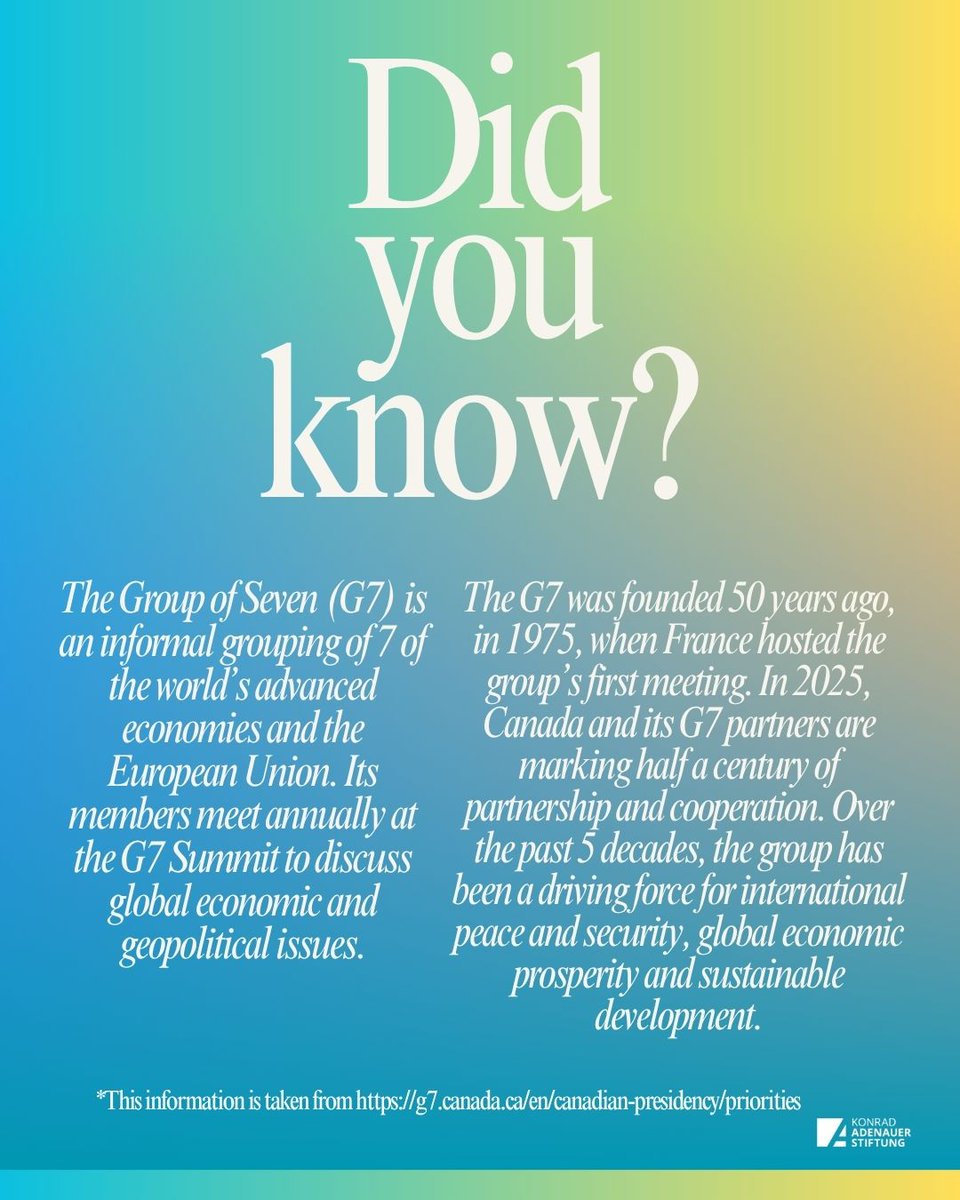 KAS_Canada's tweet image. G7 has officially kicked off yesterday!
Do you wish to know some interesting information about G7, how it was created and what are the priorities under Canadian presidency in Kananaskis, Alberta ?
Take a look at some facts here!