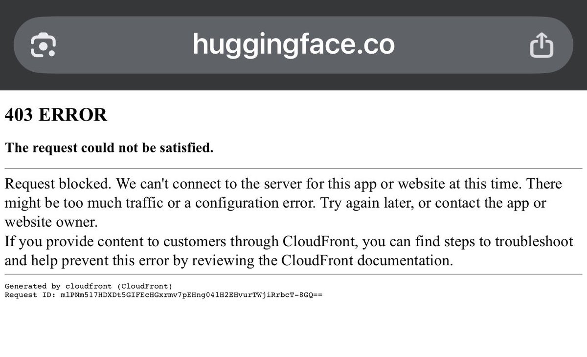 AskPraneeth's tweet image. Looks like Hugging Face is hitting a snag! 😅 Anyone else seeing this? #HuggingFace