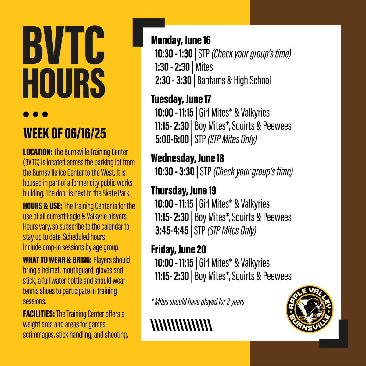 🏒 BVTC HOURS THIS WEEK! 💪🔥
Don't forget your helmet, gloves, stick, water bottle &amp; roller blades! 

See you there! 🦅💪 Full schedule: 👉 avbhockey.com/bvtc
#TrainLikeAnEagle #BVTC #AVBHA