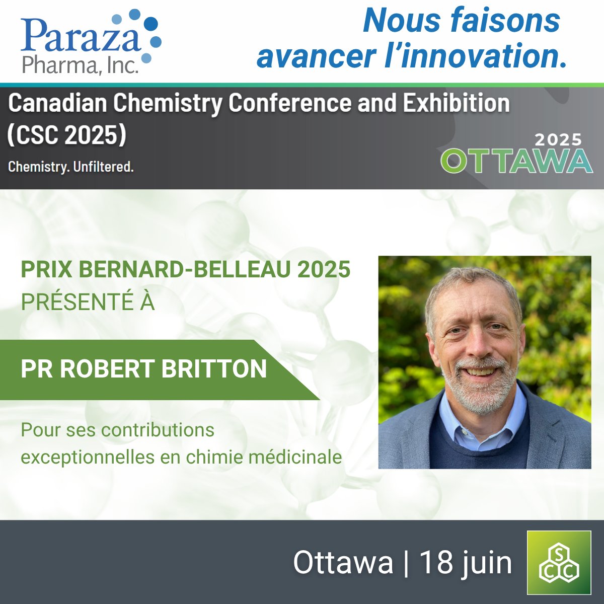 Paraza Pharma Inc. (@incparaza) on Twitter photo Paraza est fière de parrainer le #PrixBernardBelleau, remis au Pr Robert Britton (<a href="/SFU/">Simon Fraser University</a> ) au <a href="/CIC_ChemInst/">Chemical Institute of Canada</a> #CSC2025 à Ottawa le 18 juin.
Félicitations pour ses contributions exceptionnelles en chimie médicinale!
#Paraza #Chimie #ScienceCanadienne #CSC Paraza est fière de parrainer le #PrixBernardBelleau, remis au Pr Robert Britton (<a href="/SFU/">Simon Fraser University</a> ) au <a href="/CIC_ChemInst/">Chemical Institute of Canada</a> #CSC2025 à Ottawa le 18 juin.
Félicitations pour ses contributions exceptionnelles en chimie médicinale!
#Paraza #Chimie #ScienceCanadienne #CSC