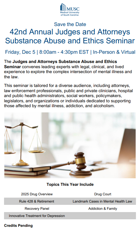 Circle the date on your calendars for our Annual Judges and Attorneys Substance Abuse and Ethics Seminar

#MentalHealth #Law #Ethics