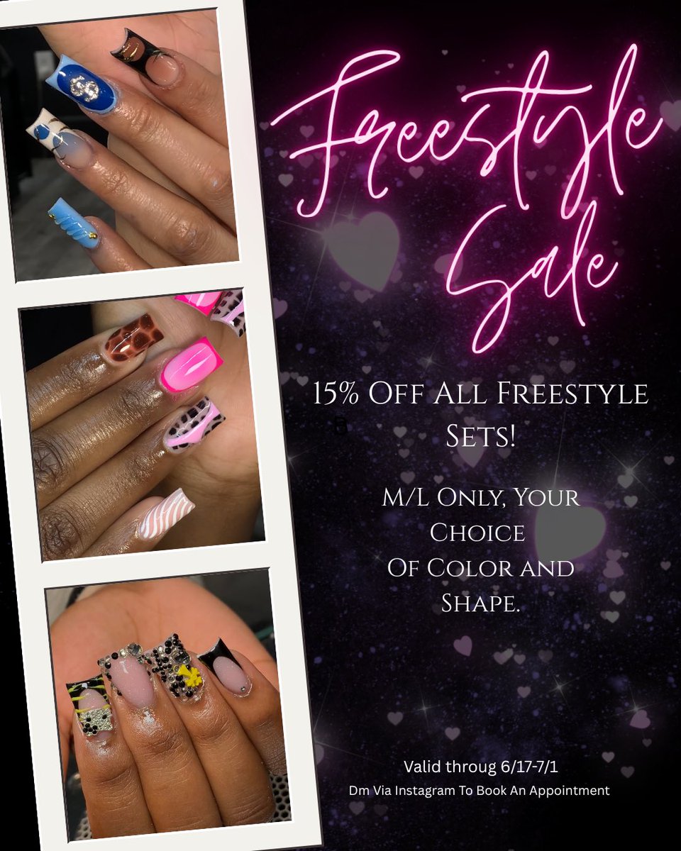 SALE! SALE! SALE! ✨
All FreeStyle Sets Are 15% Off Until 7/1!💅🏽You Get A Choice Of Color, Shape, and Length and I’ll do the rest!☺️ If You’re Not Sure About What Your Next Set Will Be, Book My Freestyle Sale And Let Me Do Me thing!💅🏽 
📍Bronx,NY 
DM To Book!
#nycnailtech #nails