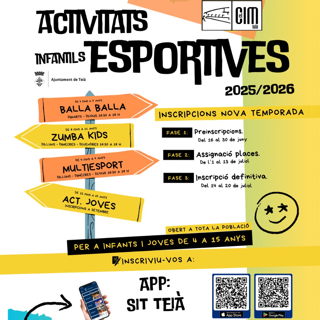 ‼️ Fins al 30/06, obert el termini per apuntar-se a les activitats extraescolars per a infants de 4 a 11 que oferirà el Poliesportiu de #Teià el curs vinent:

➡️ Balla balla
➡️ Multiesport
➡️ Zumba kids

📱A través de l’aplicació mòbil SIT #Teià

👉 tuit.cat/rMcYw