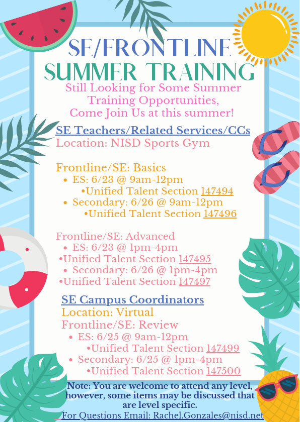 Mrs. Gonzales (@mrsg_nisd) on Twitter photo Calling all NISD Special Education CCs/Teachers/Related Services Staff. Do you need Teacher Choice hours, or want to brush up on Frontline. Come join us next week for Frontline Summer Training! <a href="/ContinuousNisd/">NISD Office of Continuous Improvement</a> <a href="/NISDSpecialEd/">NISD Special Ed</a> Calling all NISD Special Education CCs/Teachers/Related Services Staff. Do you need Teacher Choice hours, or want to brush up on Frontline. Come join us next week for Frontline Summer Training! <a href="/ContinuousNisd/">NISD Office of Continuous Improvement</a> <a href="/NISDSpecialEd/">NISD Special Ed</a>