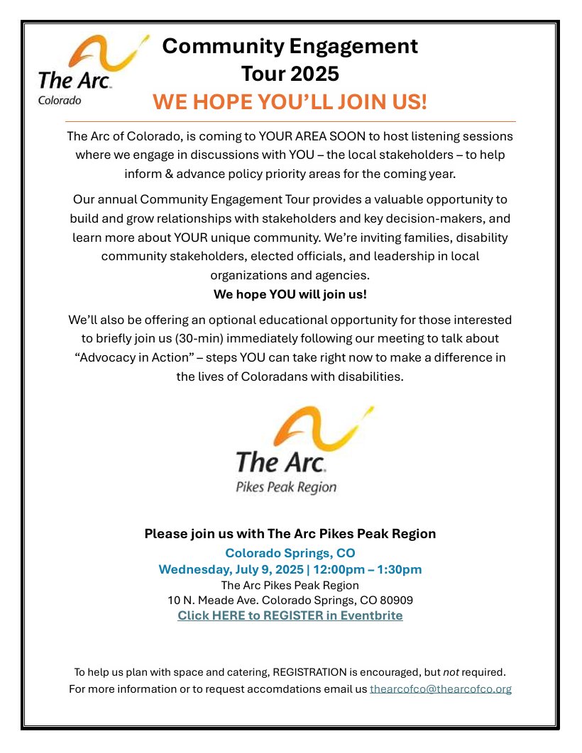 The Arc of Colorado (@thearcofco) on Twitter photo COMMUNITY ENGAGEMENT TOUR 2025 in Colorado Springs with The Arc Pikes Peak Region!
July 9 @ 12pm
The Arc Pikes Peak Region
Register HERE: eventbrite.com/e/the-arc-of-c…
We hope YOU will join us!
For more information, email us thearcofco@thearcofco.org COMMUNITY ENGAGEMENT TOUR 2025 in Colorado Springs with The Arc Pikes Peak Region!
July 9 @ 12pm
The Arc Pikes Peak Region
Register HERE: eventbrite.com/e/the-arc-of-c…
We hope YOU will join us!
For more information, email us thearcofco@thearcofco.org