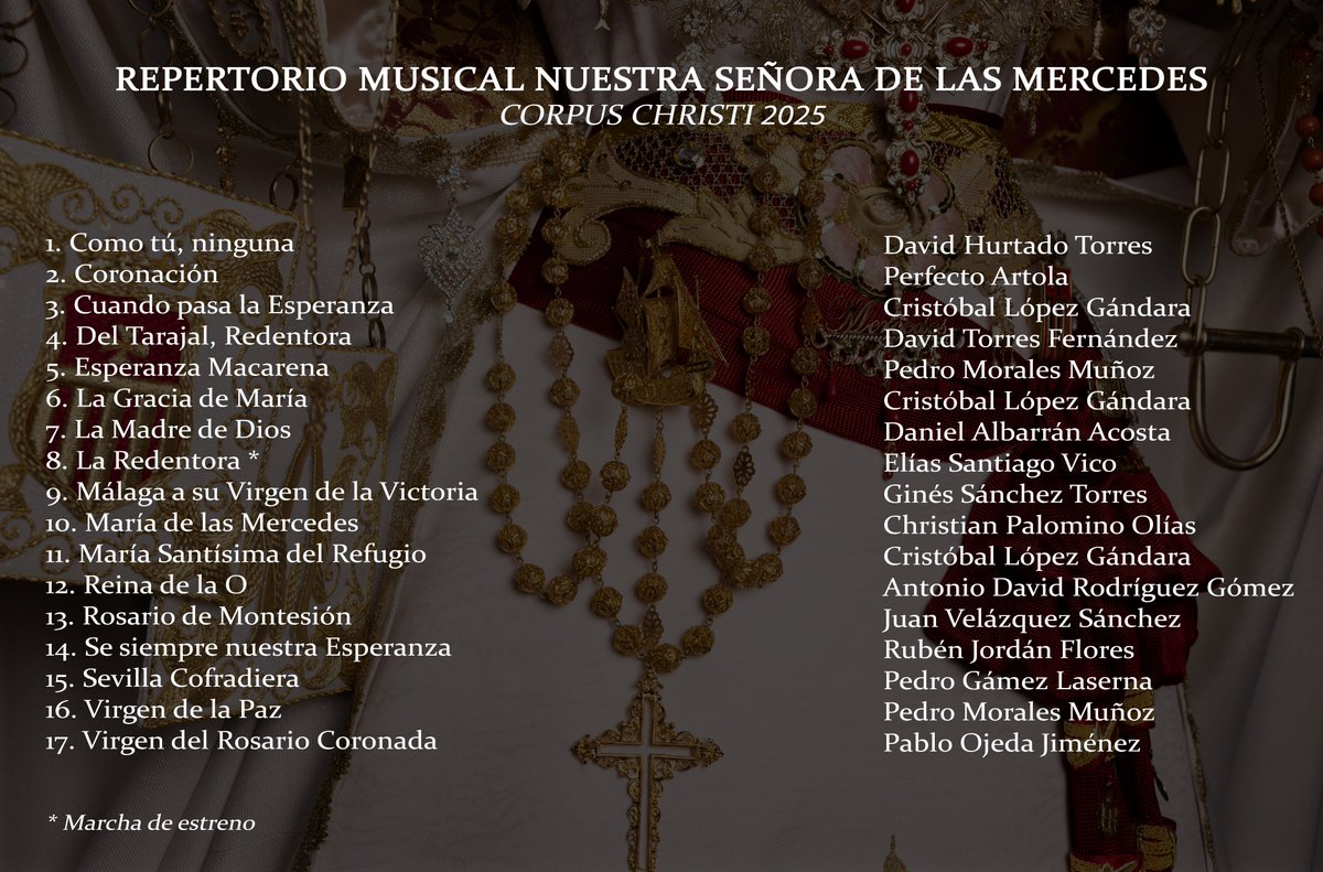 G.P. Mercedes (@gpmercedes_mlg) on Twitter photo 𝐑𝐄𝐏𝐄𝐑𝐓𝐎𝐑𝐈𝐎 𝐌𝐔𝐒𝐈𝐂𝐀𝐋 | 𝐂𝐎𝐑𝐏𝐔𝐒 𝐂𝐇𝐑𝐈𝐒𝐓𝐈
Repertorio musical de Nuestra Señora de las Mercedes para el traslado de vuelta a la Parroquia de Fátima.
🥁🎺 <a href="/BMZamarrilla/">BM Zamarrilla | Málaga - 1998</a>
#CofradiasMLG 𝐑𝐄𝐏𝐄𝐑𝐓𝐎𝐑𝐈𝐎 𝐌𝐔𝐒𝐈𝐂𝐀𝐋 | 𝐂𝐎𝐑𝐏𝐔𝐒 𝐂𝐇𝐑𝐈𝐒𝐓𝐈
Repertorio musical de Nuestra Señora de las Mercedes para el traslado de vuelta a la Parroquia de Fátima.
🥁🎺 <a href="/BMZamarrilla/">BM Zamarrilla | Málaga - 1998</a>
#CofradiasMLG